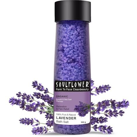 Soulflower Lavender Bath Salt for Body & Foot Spa, Calming, Relaxing, Muscle Pain Relief, Aromatherapy | Pure & Natural | Sea Salt, Lavender Essential Oil & Vitamin E, 500g (Pack of 1)