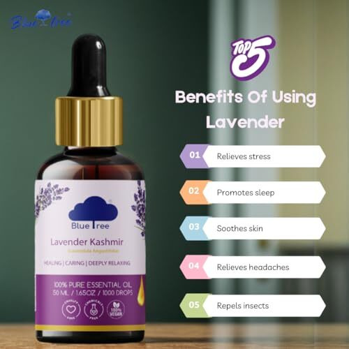 Blue Tree Aroma Lavender Kashmir Essential Oil | Aroma Oil for Diffusers | Natural and Pure Therapeutic Grade for Healthy Skin, Face, Hair Care, Aromatherapy & Massage / 50ml