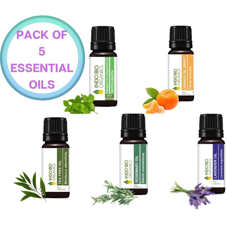 INDO BIO ORGANIC Essential Oils Combo Pack Lavender Rosemary Sweet Orange and Peppermint oil 5 Combo Kit Set 15ml Healthy Skin Face and Hair Care Aromatherapy Essential Oils (Pack of 5, 15ml each)