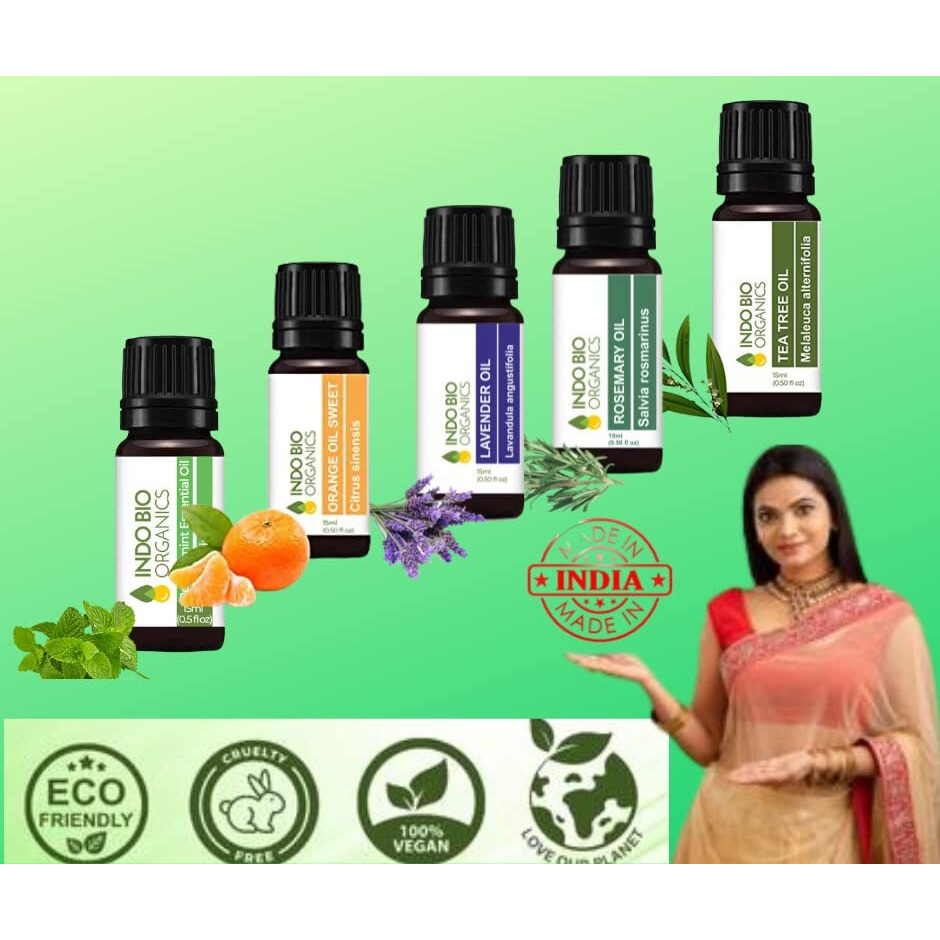 INDO BIO ORGANIC Essential Oils Combo Pack Lavender Rosemary Sweet Orange and Peppermint oil 5 Combo Kit Set 15ml Healthy Skin Face and Hair Care Aromatherapy Essential Oils (Pack of 5, 15ml each)