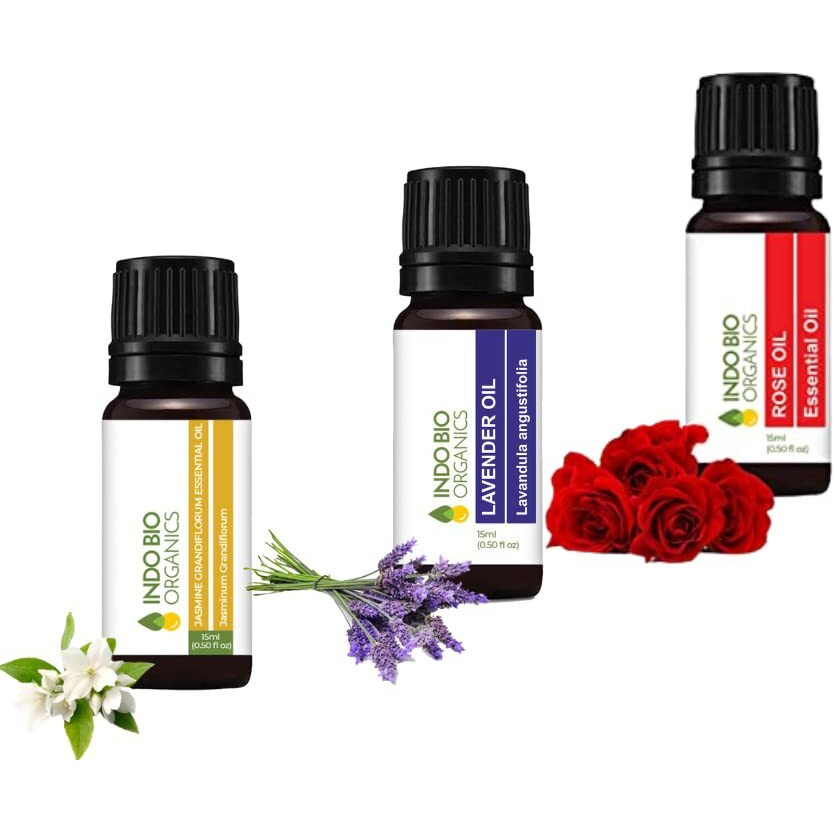 INDO BIO ORGANICS Essential Oil Jasmine Rose Lavender Essential Oil Combo Set 15ml for Healthy Skin, Face, and Hair Care (Pack of 3, 15ml)