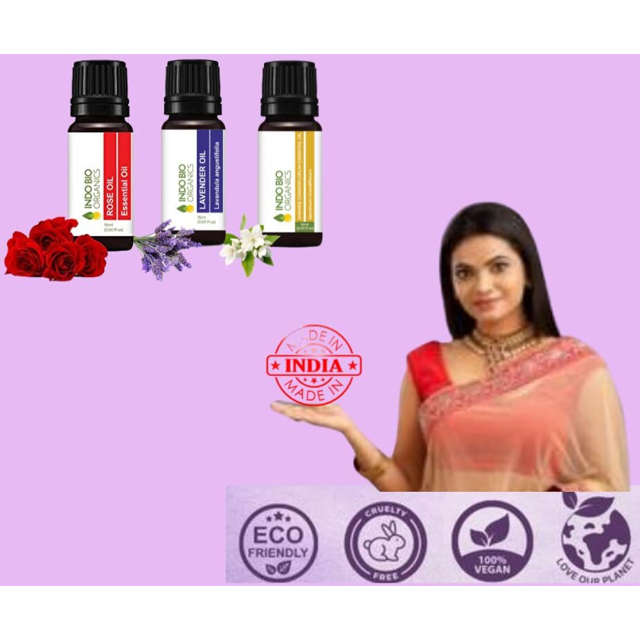 INDO BIO ORGANICS Essential Oil Jasmine Rose Lavender Essential Oil Combo Set 15ml for Healthy Skin, Face, and Hair Care (Pack of 3, 15ml)