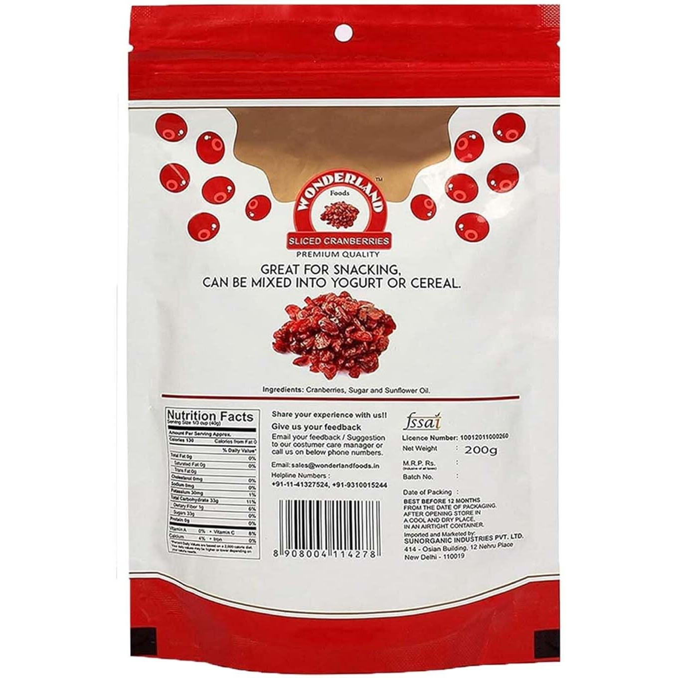 WONDERLAND FOODS American Dried Sliced Cranberries (200 g x 5) 1000g