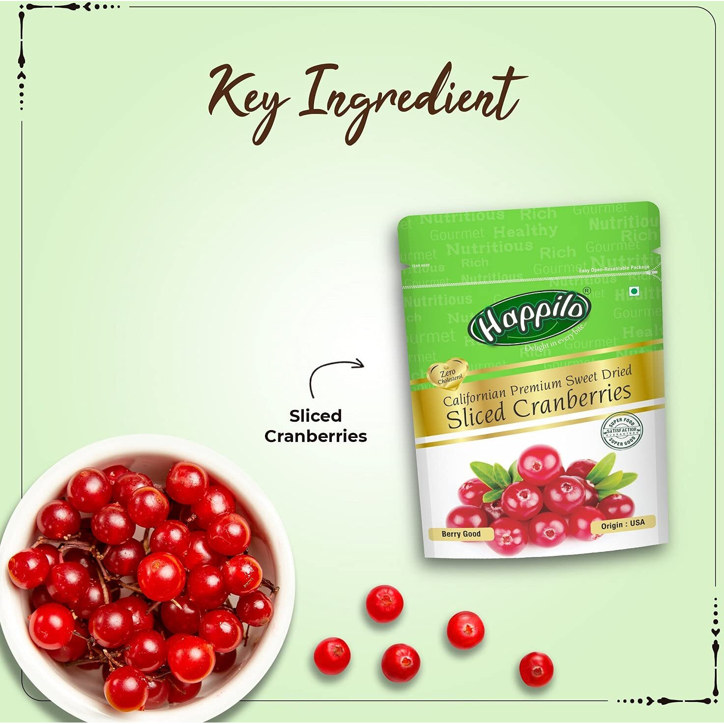 Happilo Premium Californian Sliced Cranberries Dried & Sweet, High Antioxidant, Immunity Booster & Berry Good for Skin Health, 400 g, Pack of 2