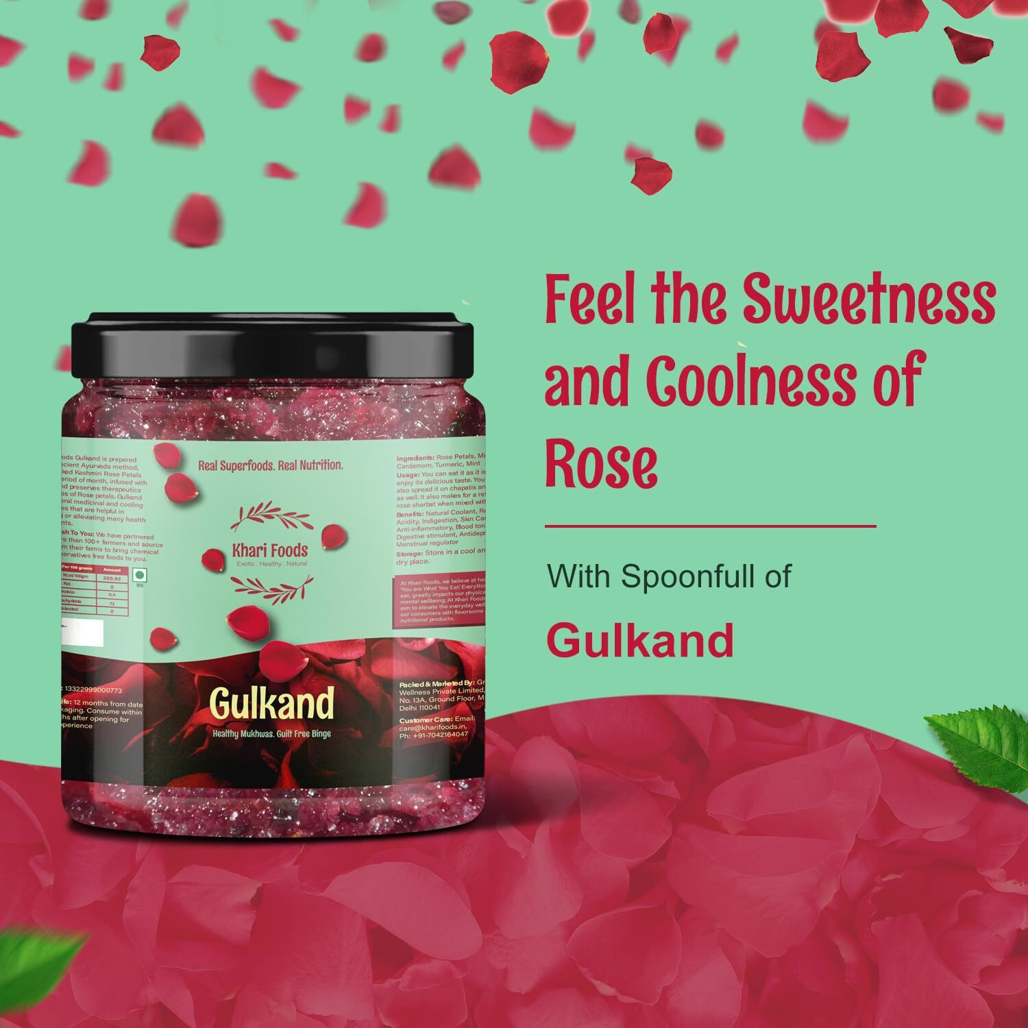 Khari Foods Mint Gulkand 250g, Using Cardamom, Mishry, Mint, Helps Digestion, Sun Cooked Rose Petal Jam