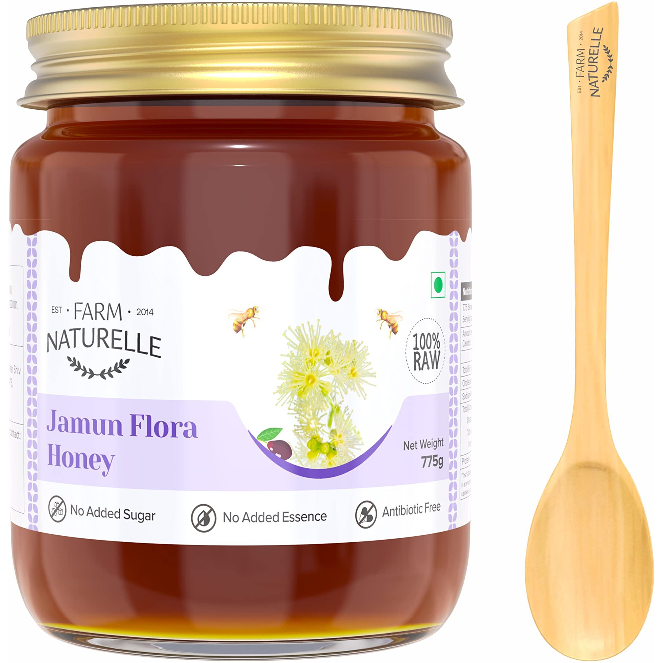 Farm Naturelle Honey  Jamun Flower Wild Forest Honey | 100% Pure Honey, Raw Natural Un-processed -Un-heated Honey |700g+75gm Extra and a Wooden Spoon| Lab Tested Honey In Glass Bottle.