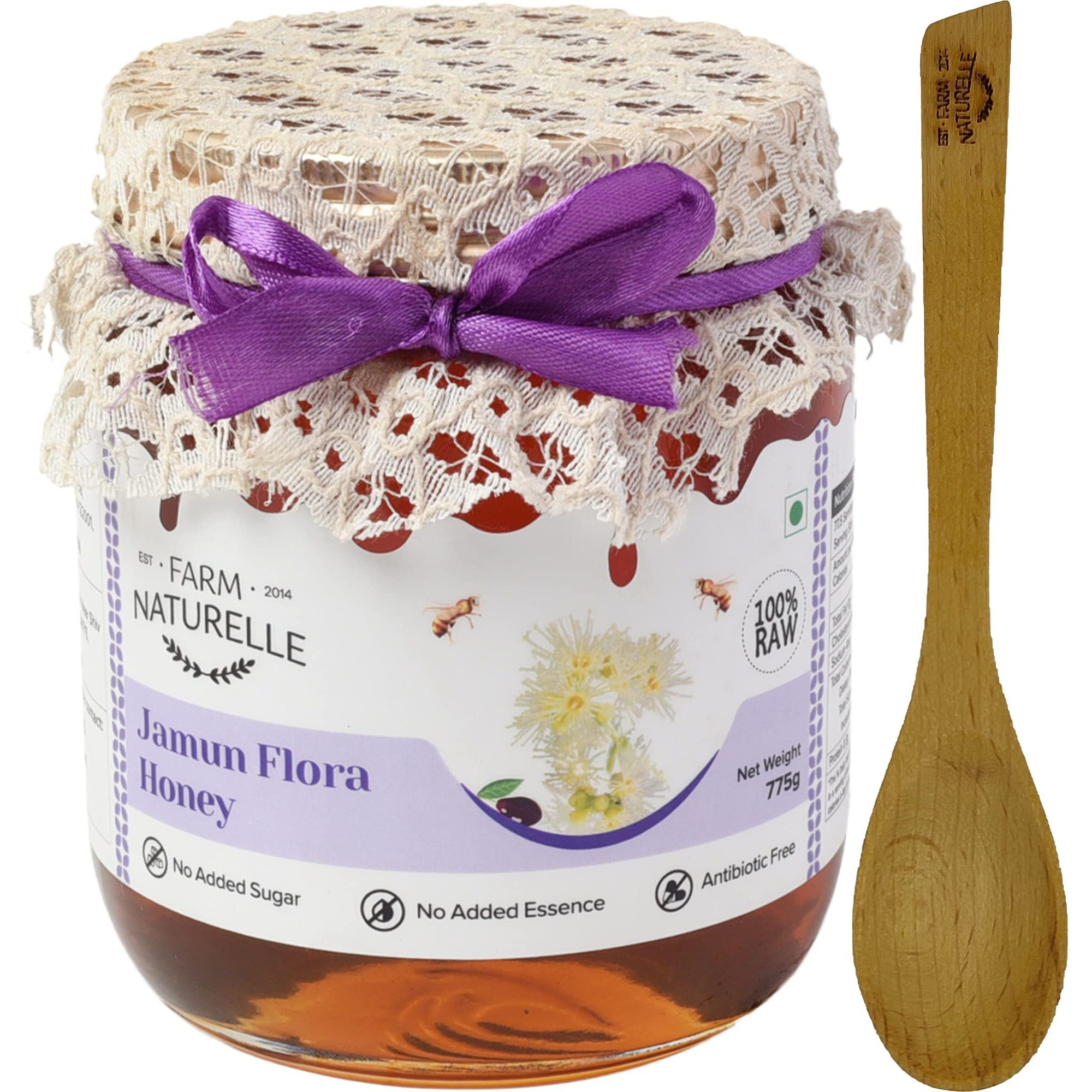 Farm Naturelle Honey  Jamun Flower Wild Forest Honey | 100% Pure Honey, Raw Natural Un-processed -Un-heated Honey |700g+75gm Extra and a Wooden Spoon| Lab Tested Honey In Glass Bottle.