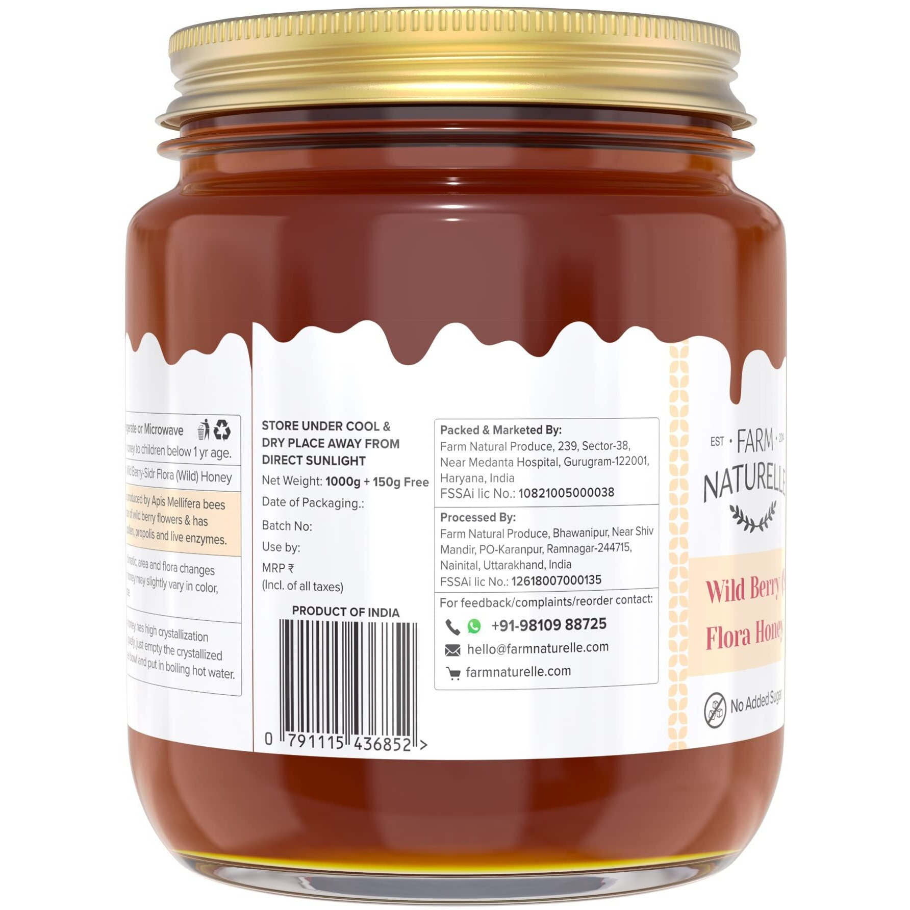 Farm Naturelle-Wild Berry (sidr) Flora Honey |1000gm+150gm Extra and a Wooden Spoon|100% Pure, Raw Natural Un-Processed - Un-Heated Honey | Lab Tested Honey in Glass Bottle.