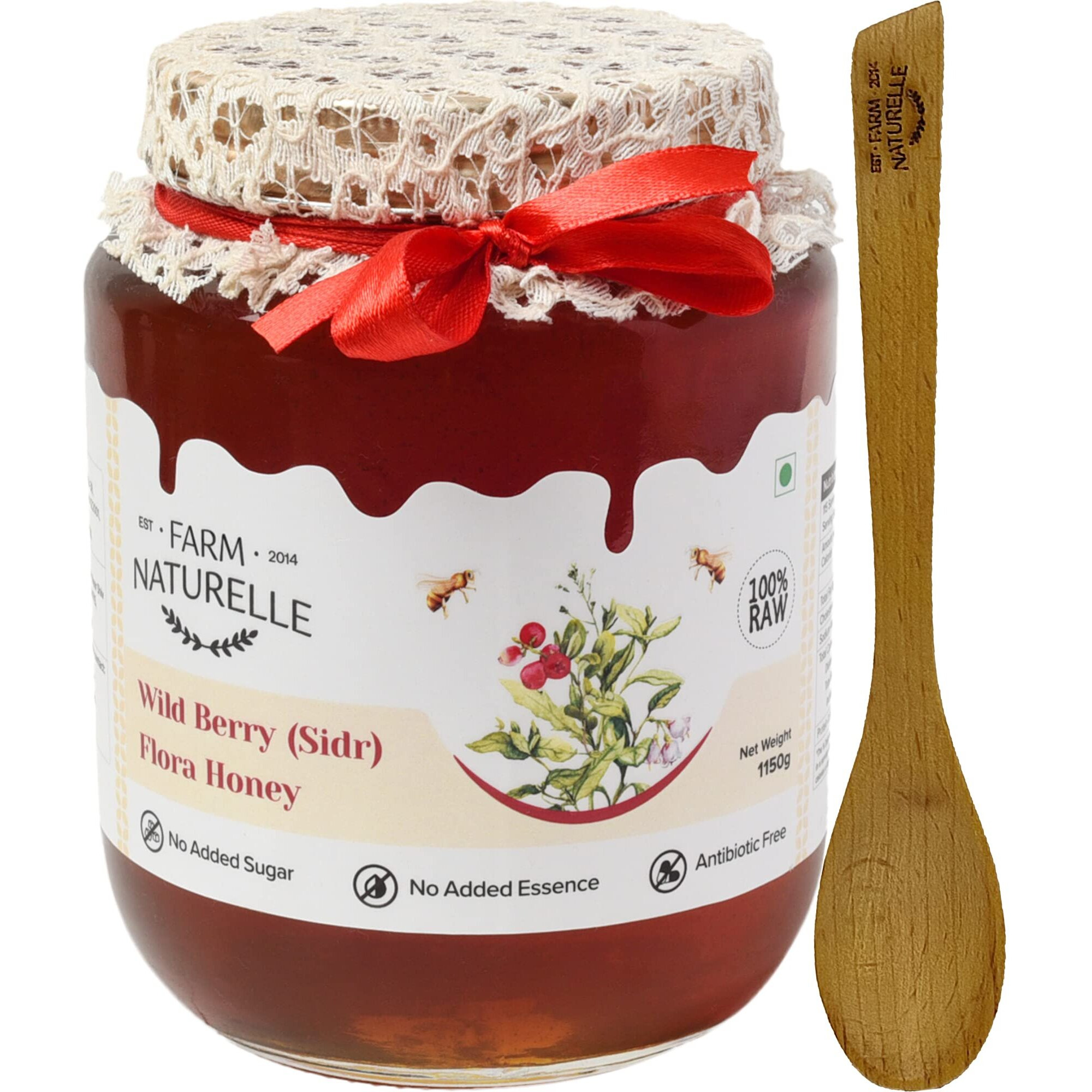 Farm Naturelle-Wild Berry (sidr) Flora Honey |1000gm+150gm Extra and a Wooden Spoon|100% Pure, Raw Natural Un-Processed - Un-Heated Honey | Lab Tested Honey in Glass Bottle.