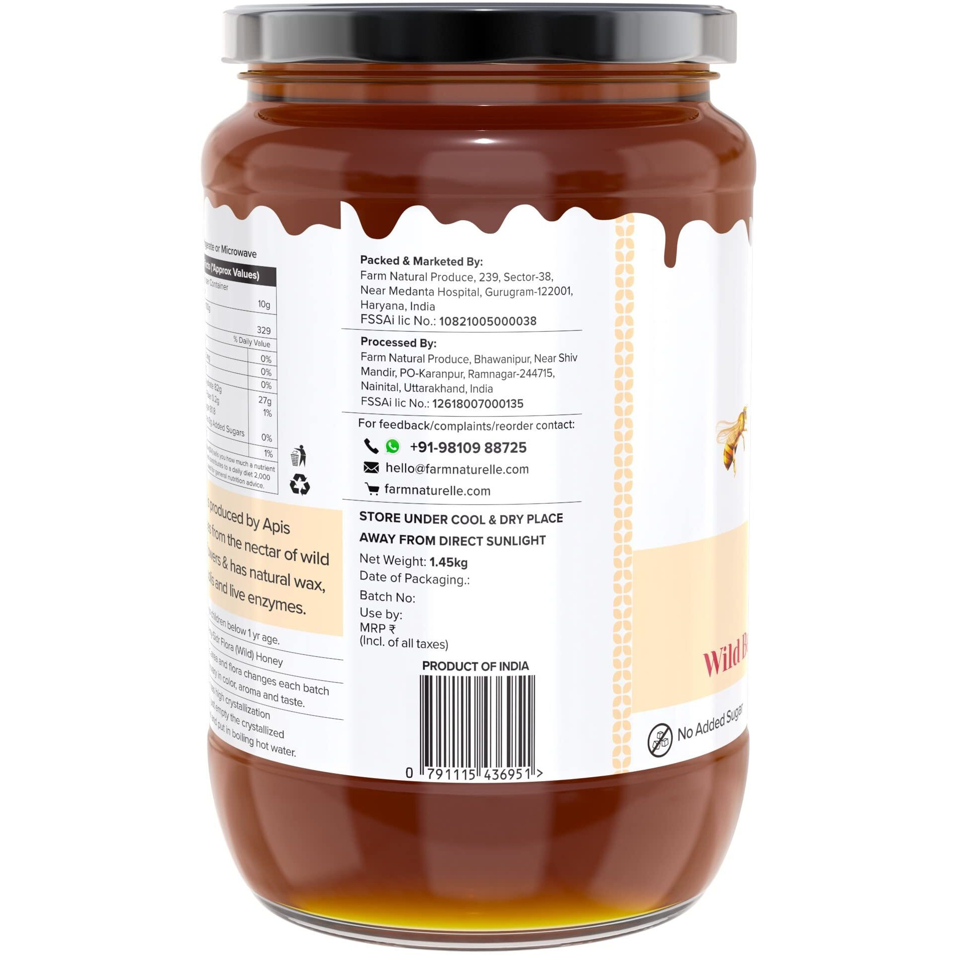 Farm Naturelle-Wild Berry (sidr) Flora Honey Honey|1450gm and a Wooden Spoon| 100% Pure & Organic Honey, Raw Natural Un-processed - Un-heated Honey | Lab Tested Honey In Glass Bottle.