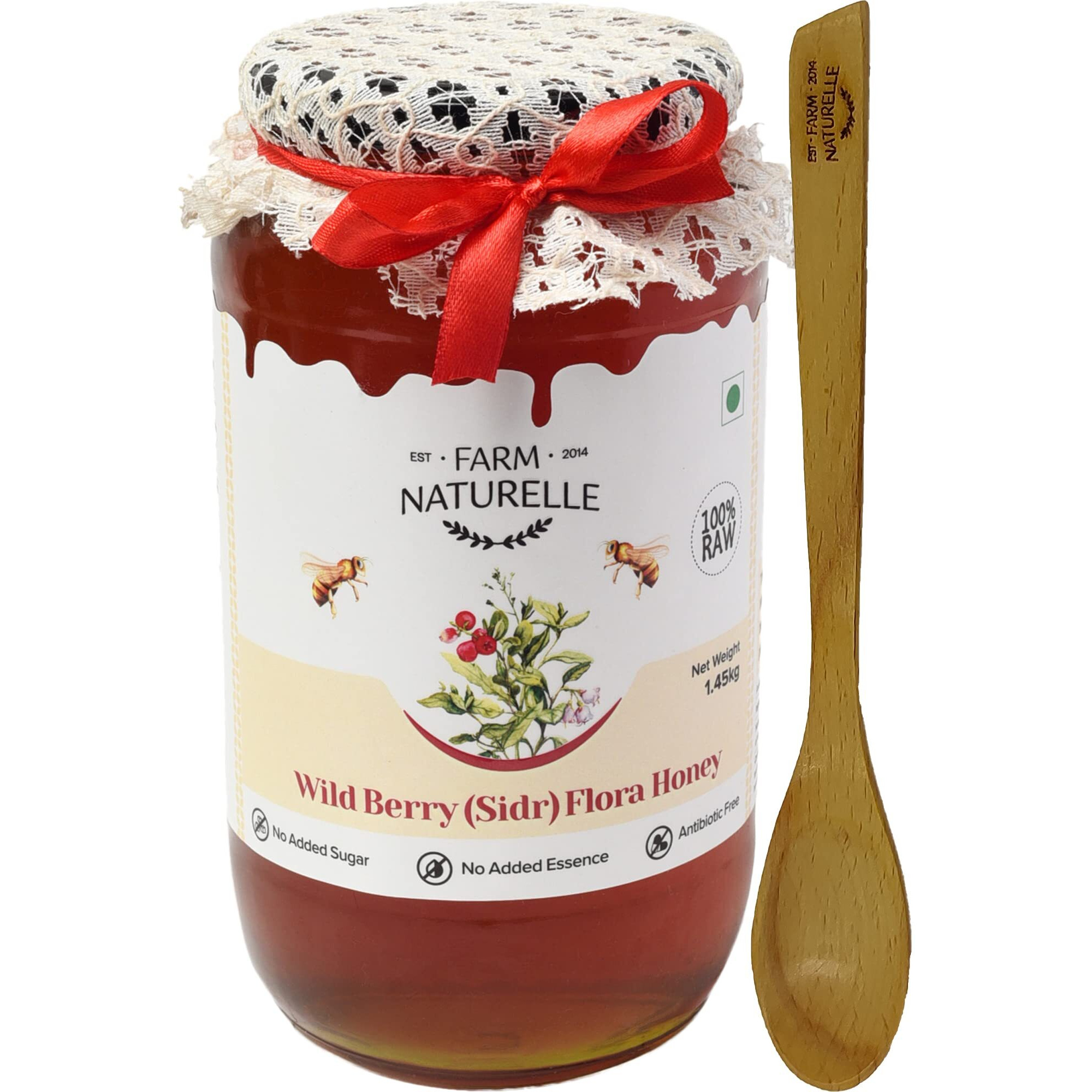 Farm Naturelle-Wild Berry (sidr) Flora Honey Honey|1450gm and a Wooden Spoon| 100% Pure & Organic Honey, Raw Natural Un-processed - Un-heated Honey | Lab Tested Honey In Glass Bottle.