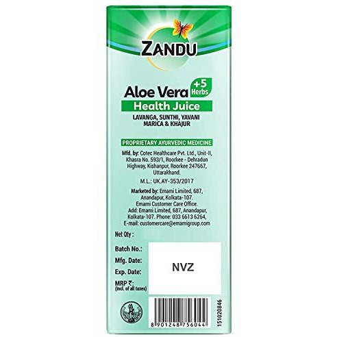 Zandu Aloe Vera Juice with 5 added Herbs, 1 L, Pure and Natural, Ayurvedic Immunity Booster, Good for Digestive Health, Skin Health & Liver Function | No Added Sugar