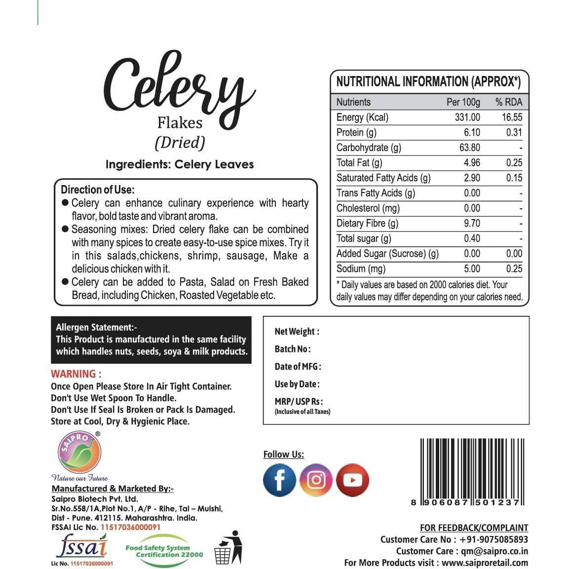 SAIPRO Nature Our Future Celery Flakes 50 G, Dried Celery Leaves For Spices| Herbs Seasoning| Sausage| Celery Leaf Pesto