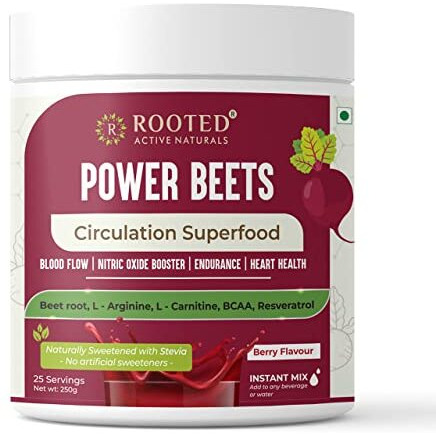 Rooted Actives Power Beets (250 g) - Organic Beet root powder with L arginine, L Carnitine, BCAA, Reservatrol & Stevia | Heart, Endurance, Nitric oxide booster|