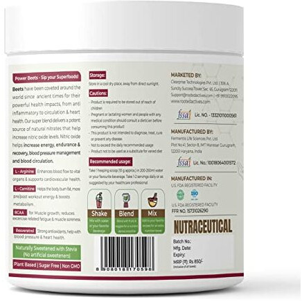 Rooted Actives Power Beets (250 g) - Organic Beet root powder with L arginine, L Carnitine, BCAA, Reservatrol & Stevia | Heart, Endurance, Nitric oxide booster|