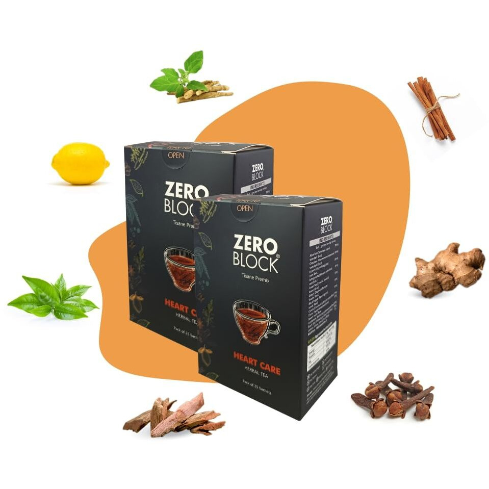 Senera ZERO BLOCK | Heart Care Herbal Tea | Tisane Premix | Arjuna, Cinnamon, Ashwagandha, Mulethi, Lemon, Ginger Green Tea & more | Pack of 2 (50 sachets)