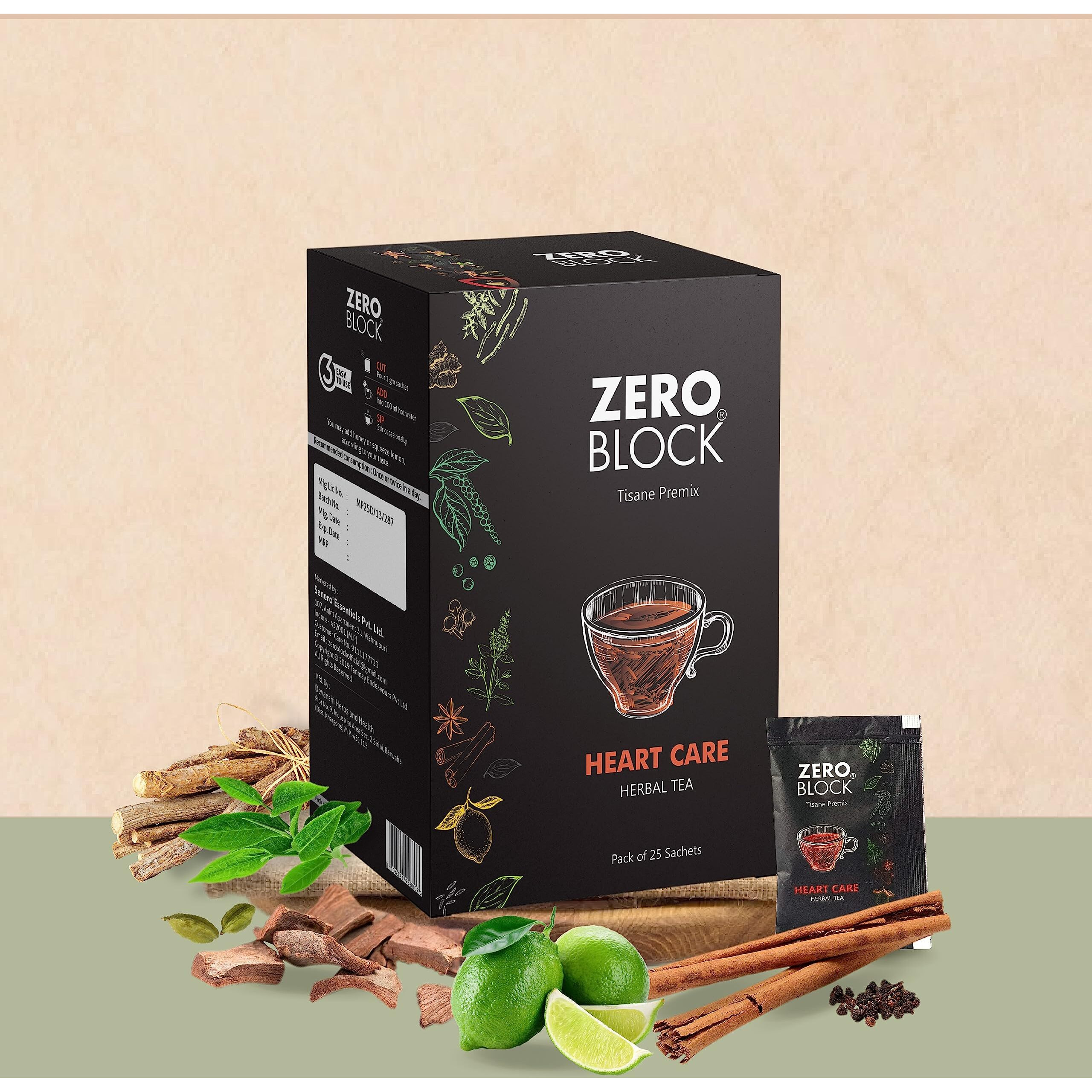 Senera ZERO BLOCK | Heart Care Herbal Tea | Tisane Premix | Arjuna, Cinnamon, Ashwagandha, Mulethi, Lemon, Ginger Green Tea & more | Pack of 2 (50 sachets)