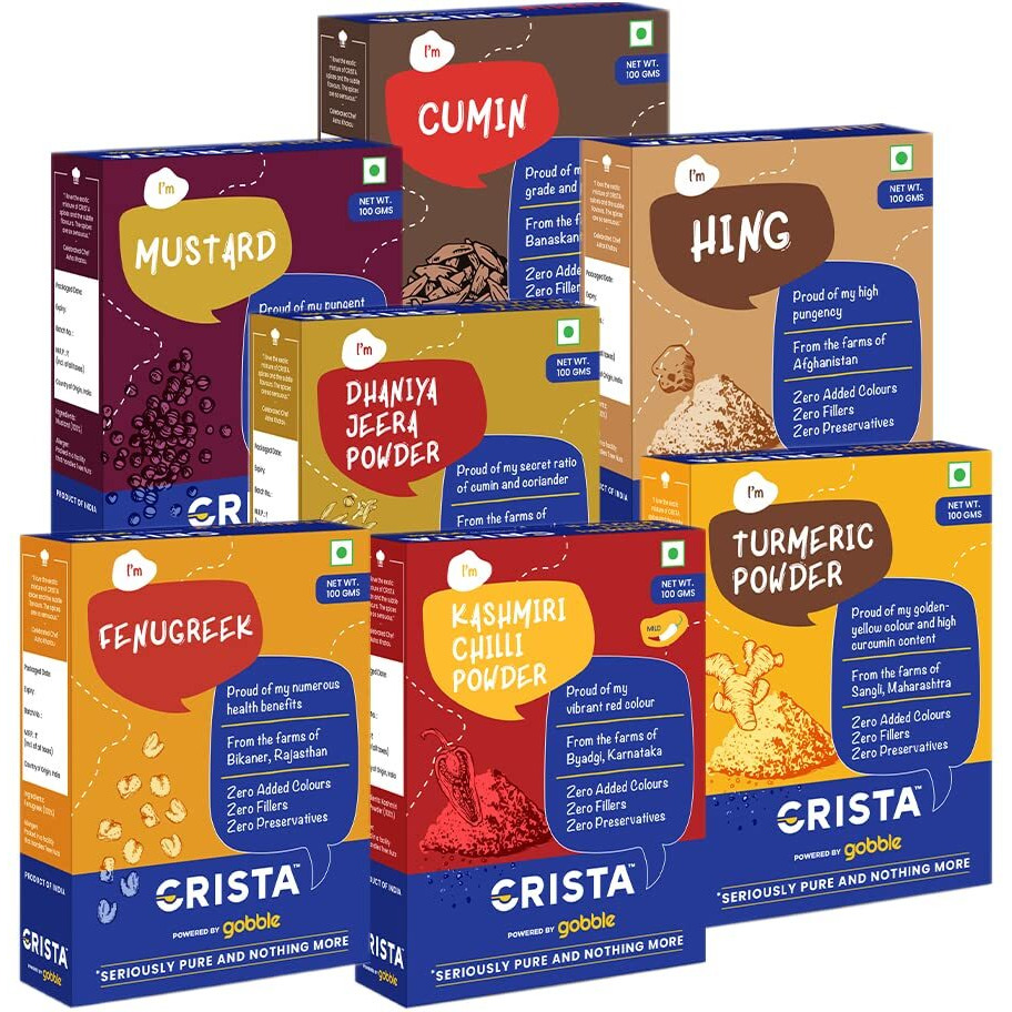 CRISTA Masala Spice Box | Mustard x 1 | Cumin x 1 | Fenugreek x 1 | Turmeric Powder x 1 | Dhaniya Jeera Powder x 1 | Hing x 1 | Kashmiri Chilli Powder x 1 | 100 gms each | Pack of 7