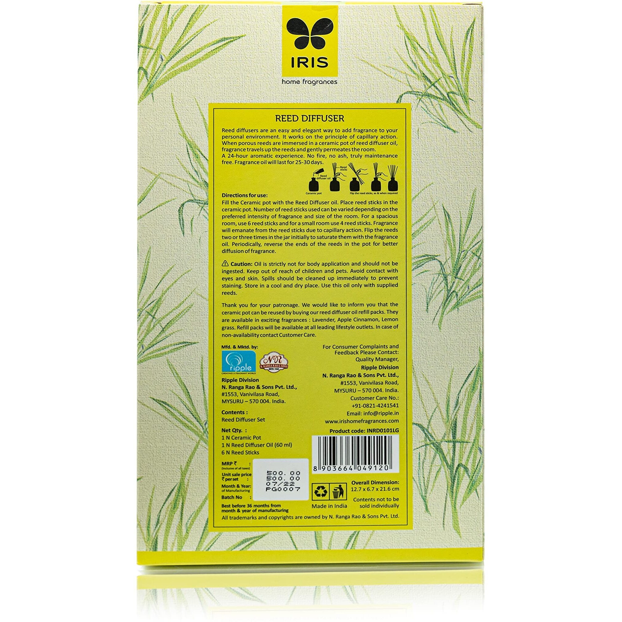 IRIS Reed Diffuser with Ceramic Pot - Lemon Grass - Home Fragrances - Risk-Free - Easy to use - 60 ml