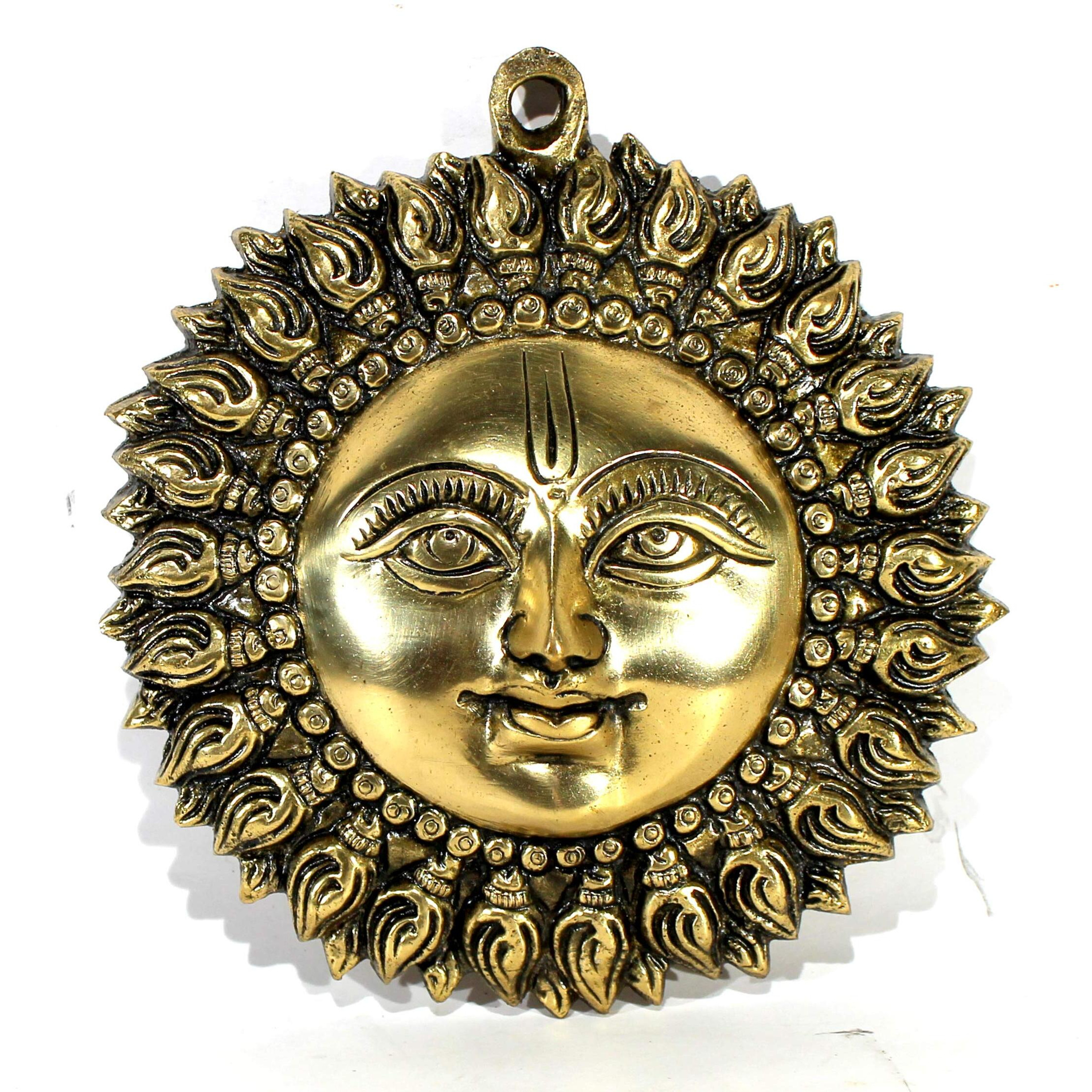 Stonkraft Figures Themed Brass Wall Hanging Decor Sun Surya Bhagwan Face Idol - Standard, Golden - 16 Cm