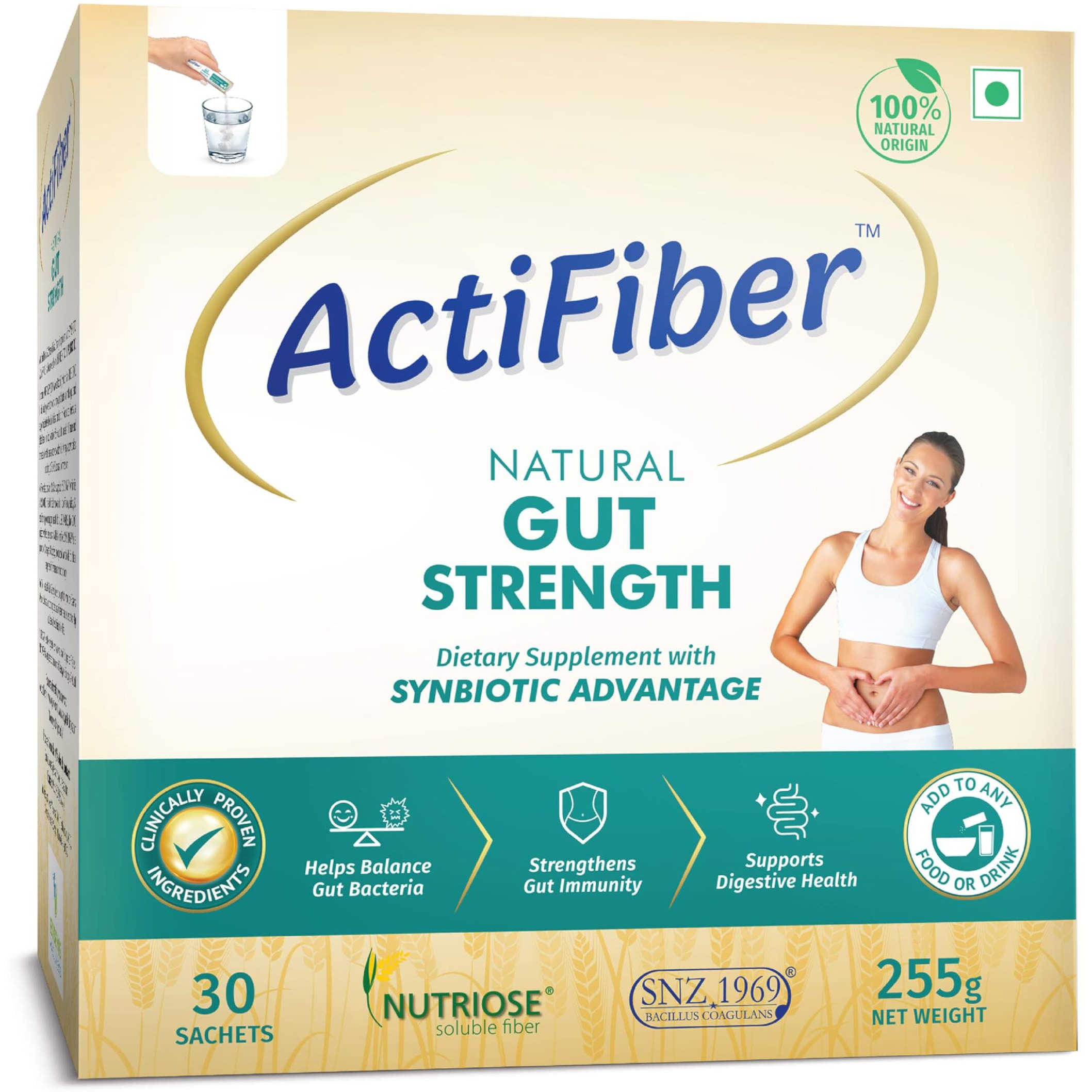 Actifiber Natural Gut Strength|Prebiotic & Probiotic Supplement powder for Stronger Digestive Health|Effective Solution for Common Digestive problems,Gas, Constipation(1 X 255 Gms Pack of 30 Sachets)