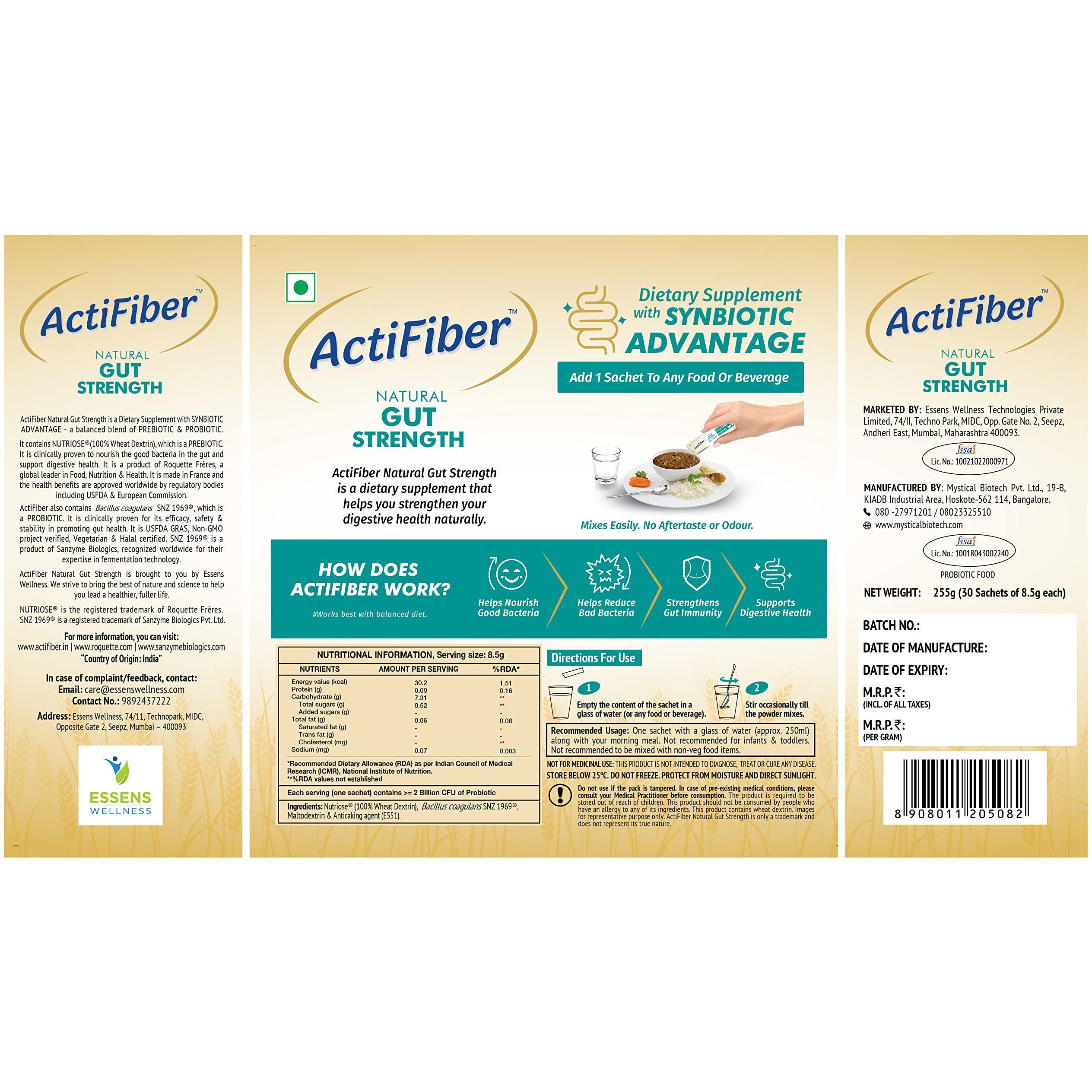 Actifiber Natural Gut Strength|Prebiotic & Probiotic Supplement powder for Stronger Digestive Health|Effective Solution for Common Digestive problems,Gas, Constipation(1 X 255 Gms Pack of 30 Sachets)