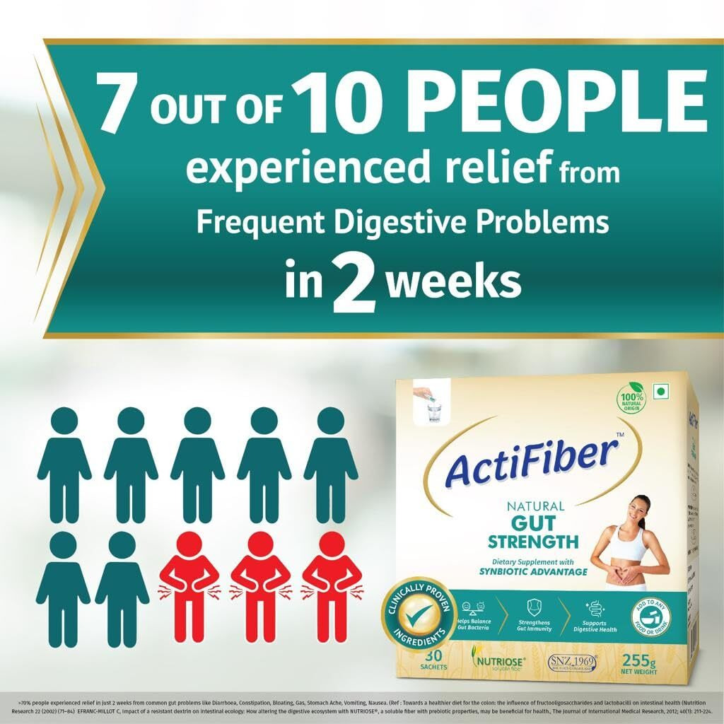 Actifiber Natural Gut Strength|Prebiotic & Probiotic Supplement powder for Stronger Digestive Health|Effective Solution for Common Digestive problems,Gas, Constipation(1 X 255 Gms Pack of 30 Sachets)