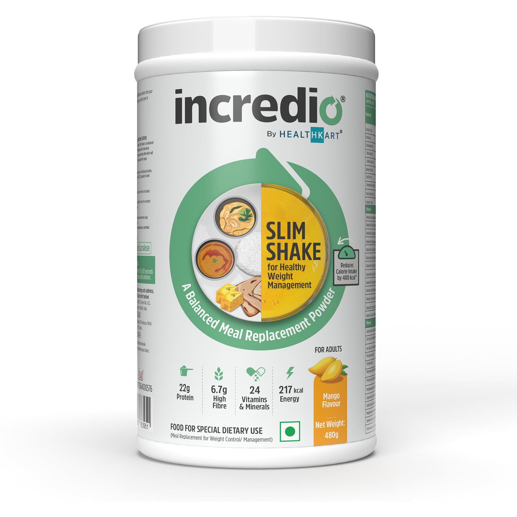 Incredio by Healthkart Slim Shake for Weight Management | With 22g Triple Blend Protein (Whey, Soy & Casein) High Fibre, Low Calories, 24 Vitamins & Minerals, Meal Replacement Shake (Mango, 480g)