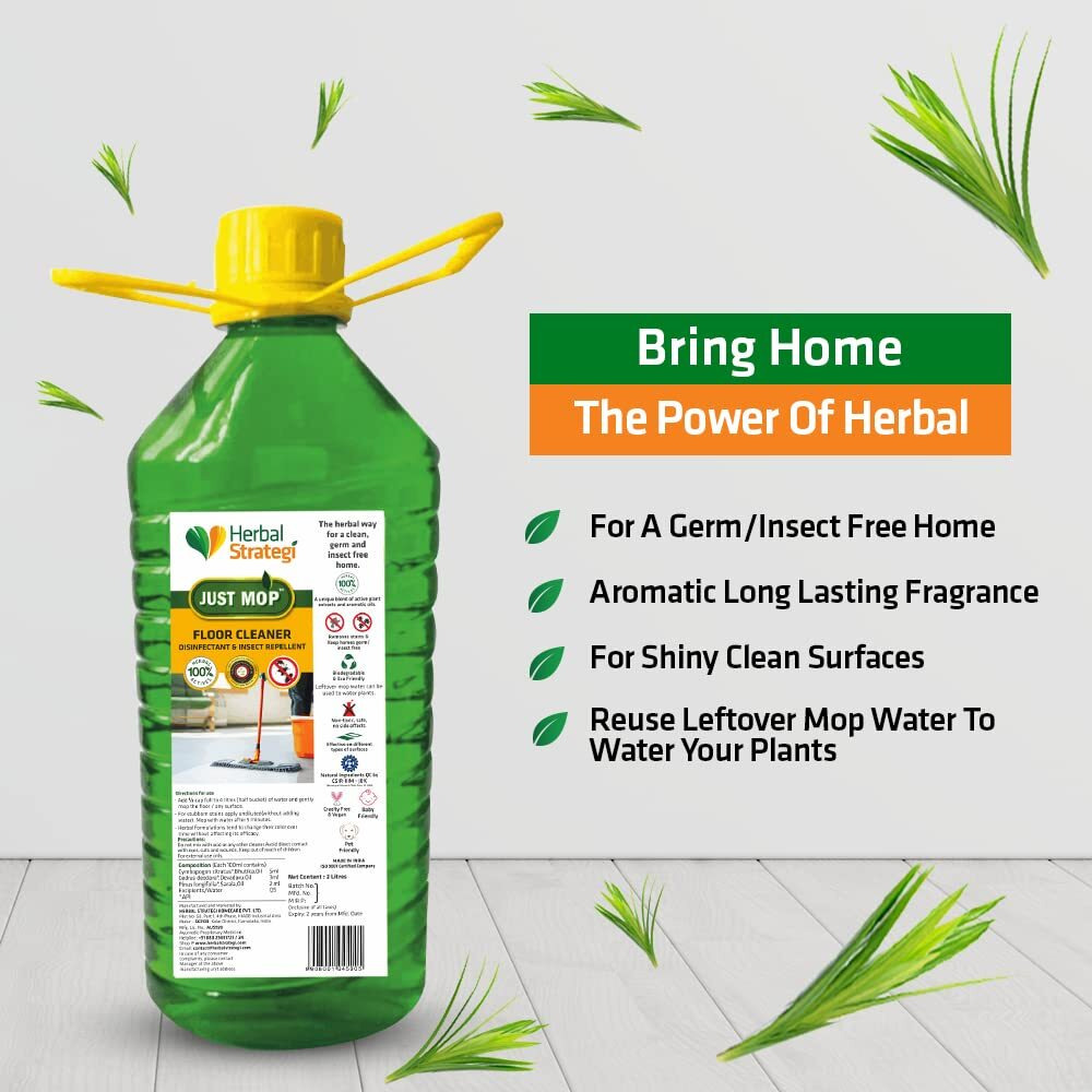 Herbal Strategi Just Mop Herbal Floor Cleaner Liquid 2L | Natural Disinfectant & Insect Repellent | Skin Safe, Baby Safe & Pet-Friendly | 100% Herbal Actives | Eco-friendly, Non-Toxic