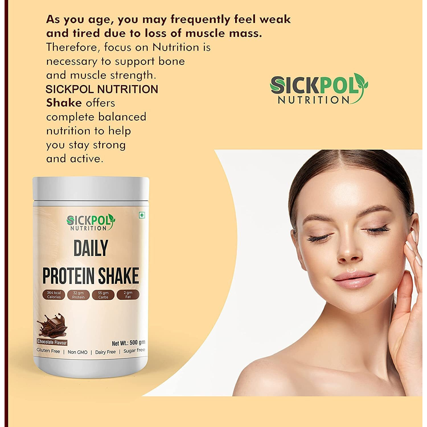 Sickpol Nutrition Daily Protein Shake 364 kcal Calories 32 gm Protein 55 gm Carbs 2 gm Fat Provide Energy,support Immunity & Bone Health-for Men & Women Chocolate Milk Shake Flavor (Chocolate 2Pack)