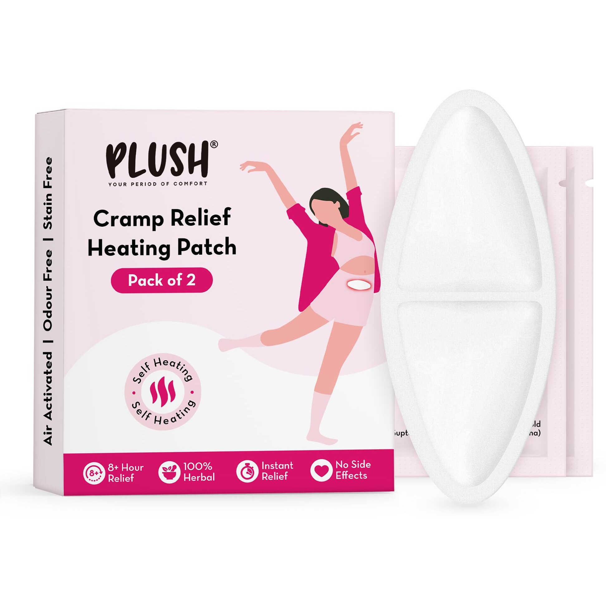 Plush Cramp Relief Heating Patch | 2 Heat Patches | 8 Hour Period Pain Relief | Air Activated | 100% Herbal & Natural | No Side Effects | Instant & Long Lasting Menstrual Cramp Relief