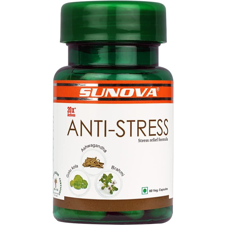 SUNOVA Anti-Stress Capsules  Herbal Stress Relief Formula, Ashwagandha Extract for Relieving Stress, Calming Anxiety  60 Veg. Capsules