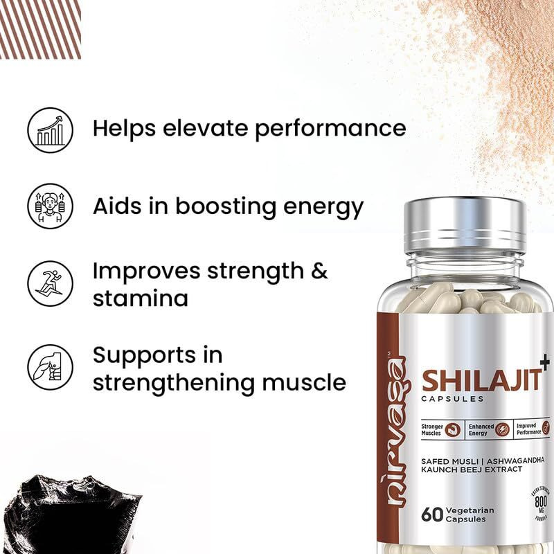 Nirvasa Pure Shilajit Capsules with Safed Musli, Ashwagandha, Kaunch Beej for Good Health/ 800mg/ 60 Capsules