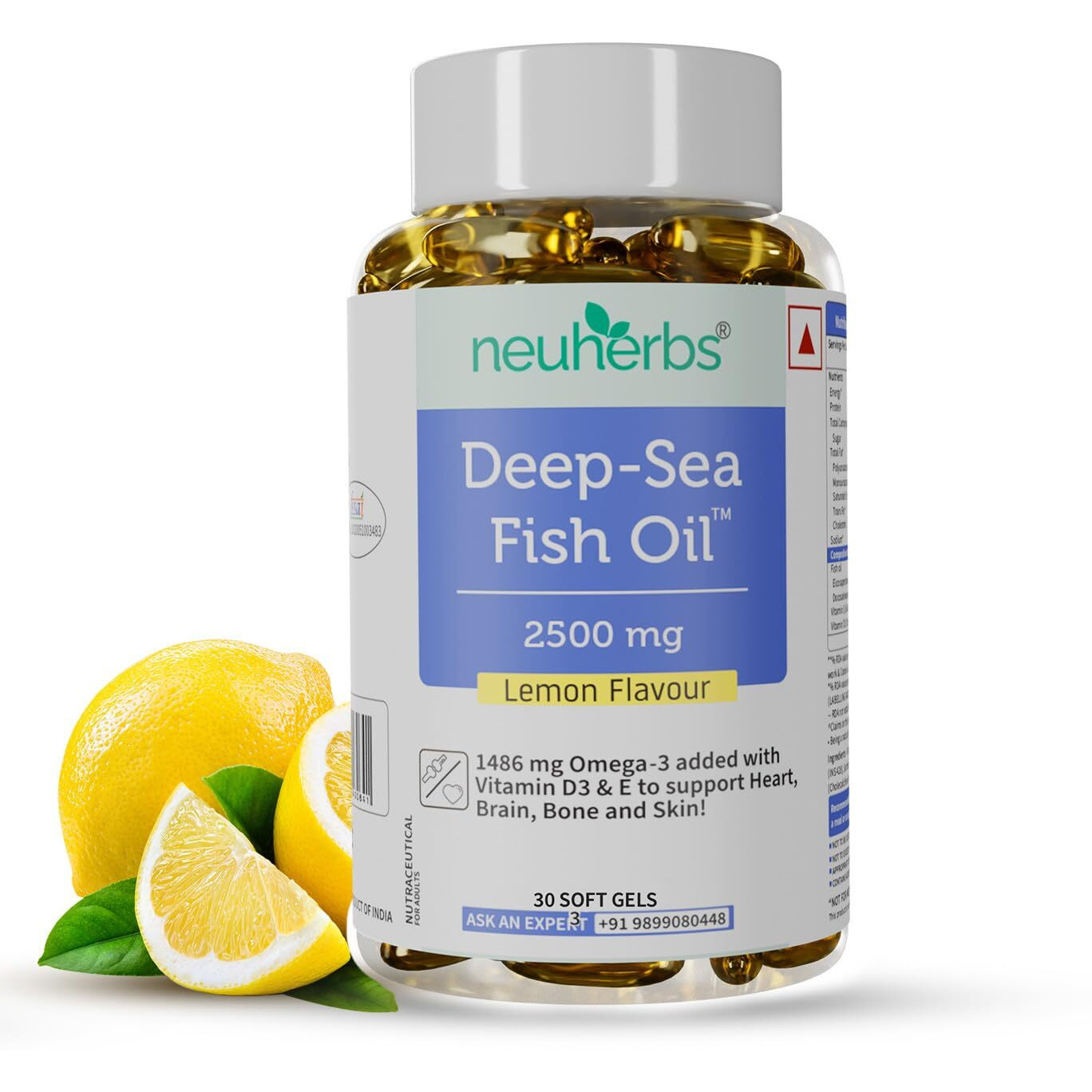 Neuherbs Deep Sea Omega 3 Fish Oil - 30 Softgel for Men and Women | Omega 3 Supplement Triple Strength 2500 Mg | For Muscle, Joints, Heart & Cognitive Support | No Fishy Burps with Lemon Flavour