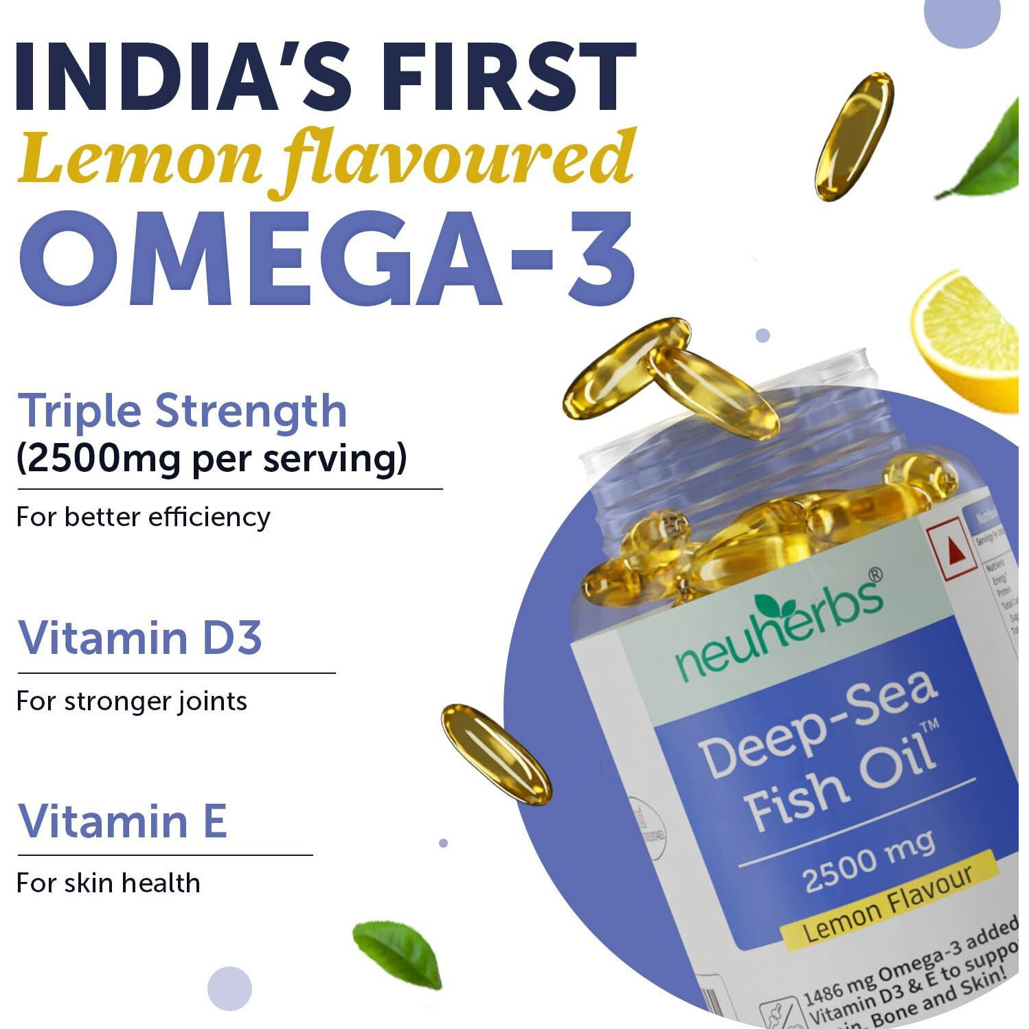 Neuherbs Deep Sea Omega 3 Fish Oil - 30 Softgel for Men and Women | Omega 3 Supplement Triple Strength 2500 Mg | For Muscle, Joints, Heart & Cognitive Support | No Fishy Burps with Lemon Flavour