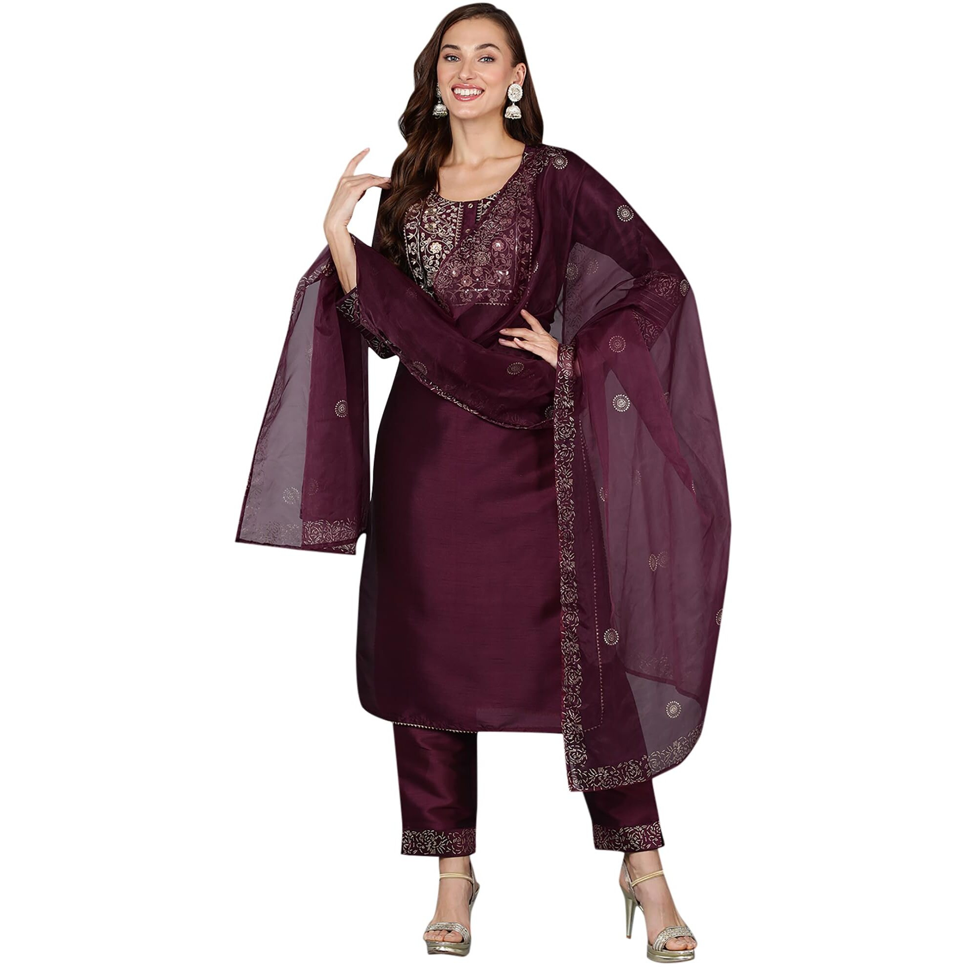 Vaamsi Womens Silk Blend Yoke Design Embroidered Straight Kurta Pant with Dupatta (PKSKD1937_Purple_S)