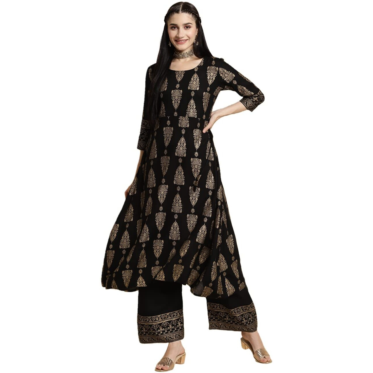 rangita Black Rayon Printed A-line Kurta with Palazzo | Kurta Set for Women_M