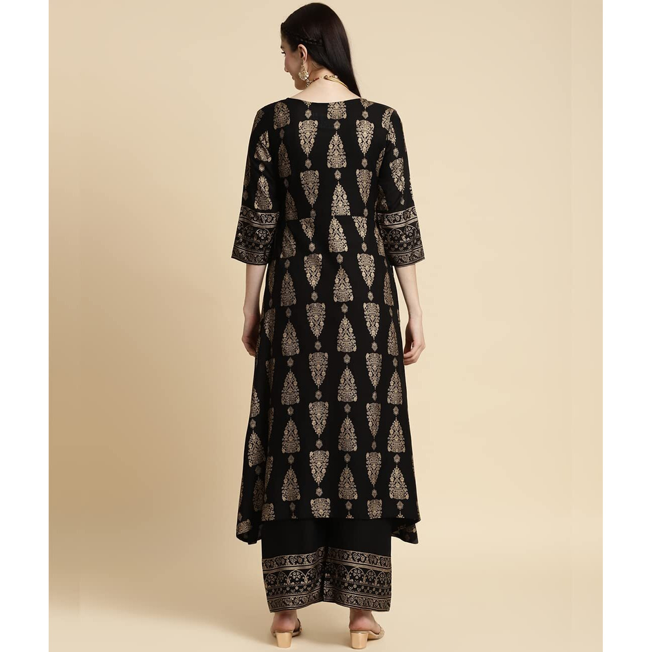 rangita Black Rayon Printed A-line Kurta with Palazzo | Kurta Set for Women_M