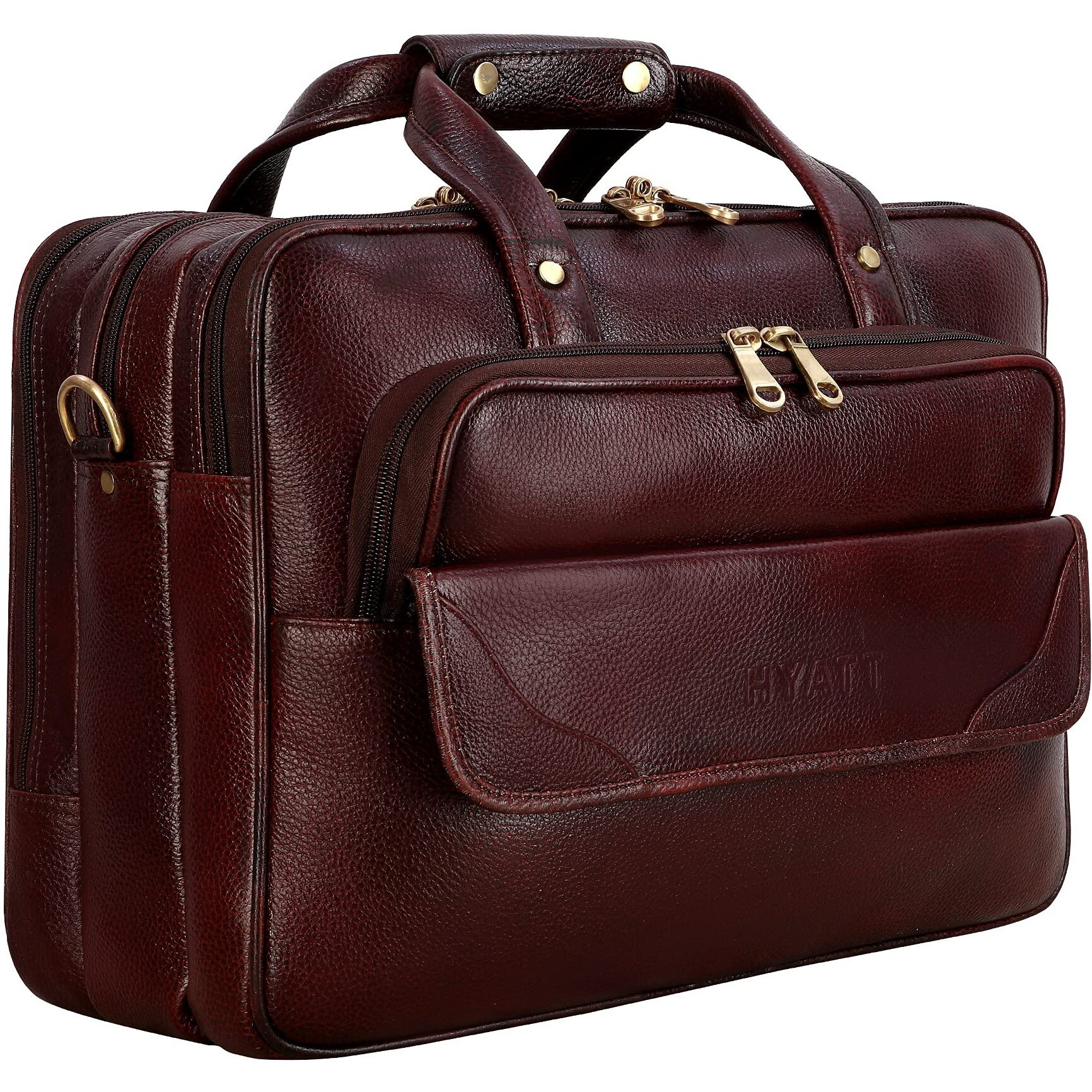 HYATT Leather Accessories 17 Inch Mens Leather Briefcases Laptop Office Bags (BROWN)