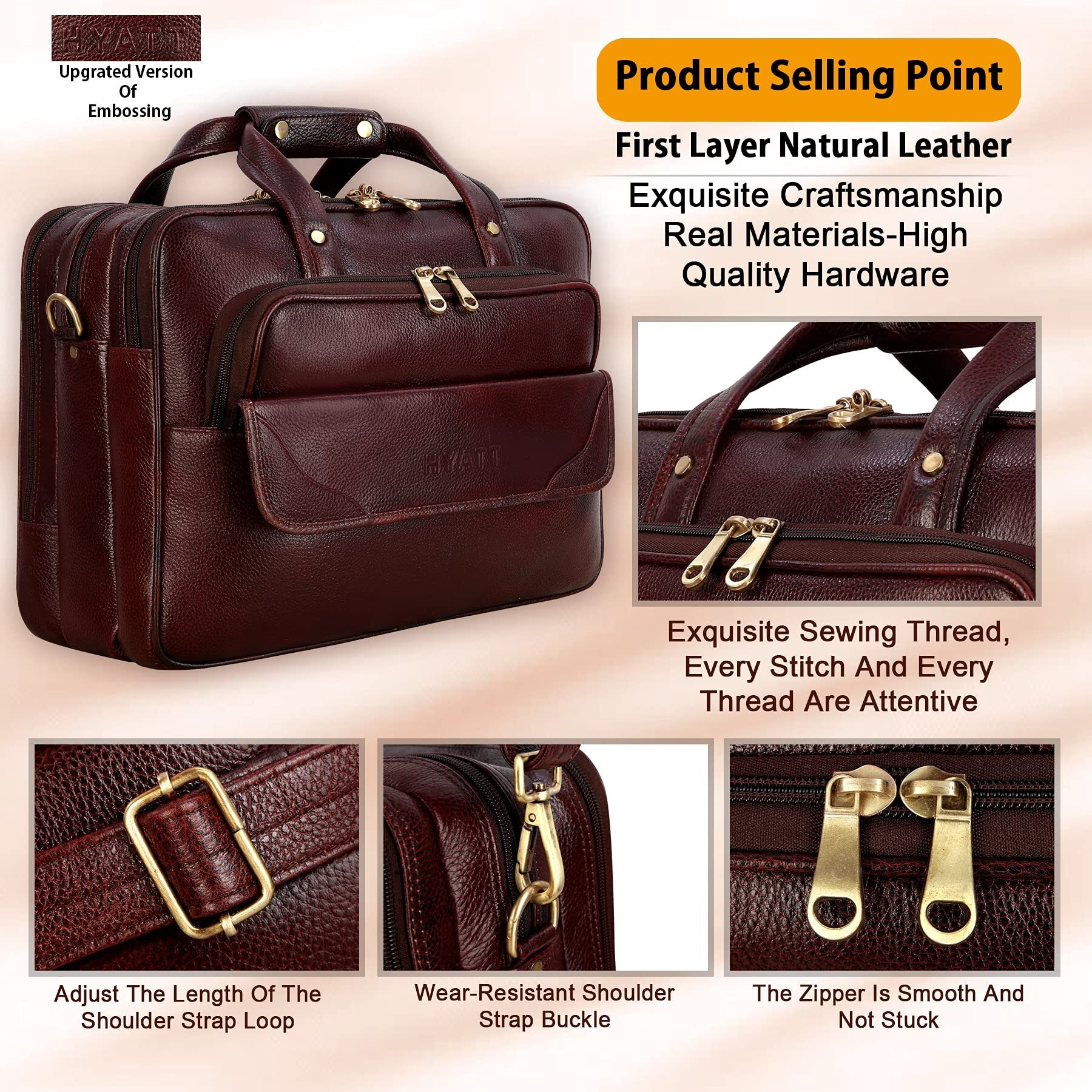 HYATT Leather Accessories 17 Inch Mens Leather Briefcases Laptop Office Bags (BROWN)