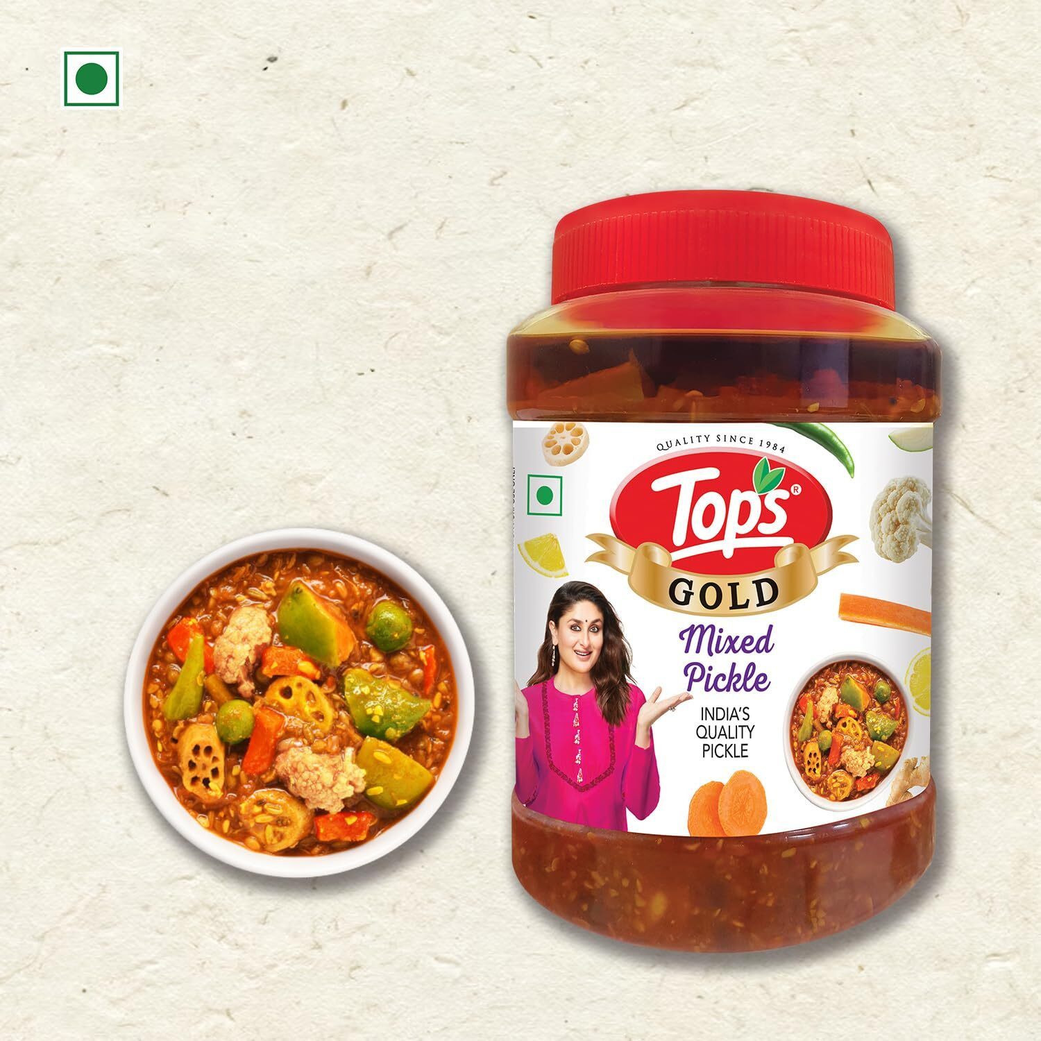 TOPS Gold Mixed Pickle- 900 gm | Perfect blend of nine Farm-Fresh seasonal vegetables and healthy mustard oil prepared from finest mustard seeds.