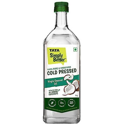 Tata Simply Better Pure & Unrefined Cold Pressed Virgin Coconut Oil, Naturally Cholesterol Free, 1L, Rich Aroma & Flavour of Real Coconuts, For Daily Cooking with Multipurpose Usage,A1 Grade Coconuts