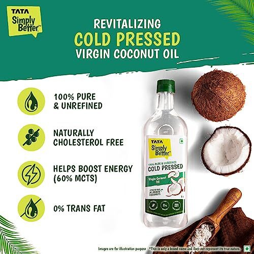 Tata Simply Better Pure & Unrefined Cold Pressed Virgin Coconut Oil, Naturally Cholesterol Free, 1L, Rich Aroma & Flavour of Real Coconuts, For Daily Cooking with Multipurpose Usage,A1 Grade Coconuts