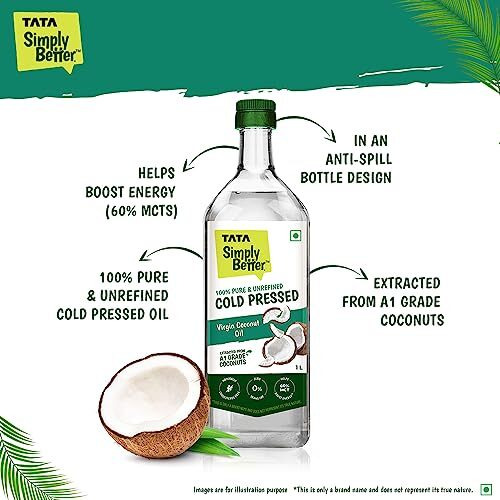 Tata Simply Better Pure & Unrefined Cold Pressed Virgin Coconut Oil, Naturally Cholesterol Free, 1L, Rich Aroma & Flavour of Real Coconuts, For Daily Cooking with Multipurpose Usage,A1 Grade Coconuts