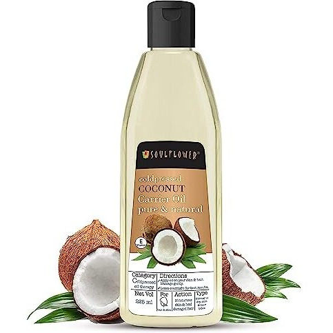 Soulflower Organic Coconut Oil Hair Growth, Long & Shiny Hair & Skin Moisturization, Face & Body Massage, Nariyal/Khopa, 100% Pure, Natural & Cold Pressed, No Mineral Oil & Preservatives, 225ml