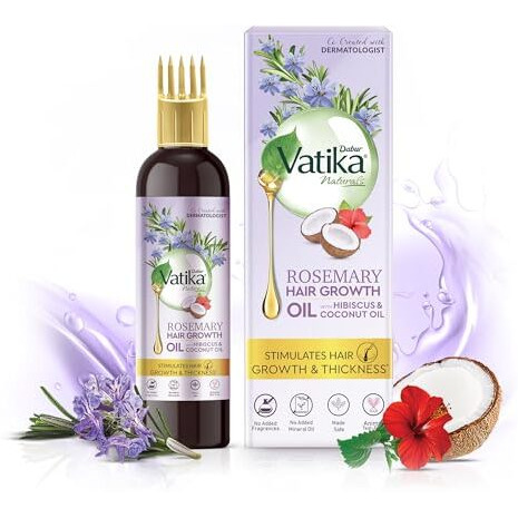 Dabur Vatika Rosemary Hair Growth Oil with Hibiscus & Coconut Oil - 200ml | Stimulates Hair Growth and Thickness | Co-Created with Dermatologist | No Mineral Oil | No Added Fragrance | Animal Test Free