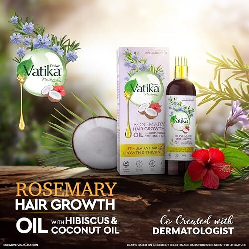 Dabur Vatika Rosemary Hair Growth Oil with Hibiscus & Coconut Oil - 200ml | Stimulates Hair Growth and Thickness | Co-Created with Dermatologist | No Mineral Oil | No Added Fragrance | Animal Test Free