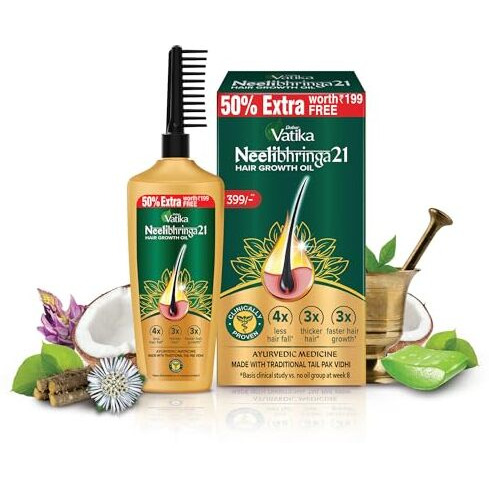 DABUR Vatika Neelibhringa 21 Hair Growth Oil - (100Ml+ 50Ml Extra Free) | 14 Ayurvedic Herbs | Ayurvedic Medicine | 4X Less Hairfall | 3X Thicker Hair | 21 Hair Benefits| With Ergnomic Comb Applicator