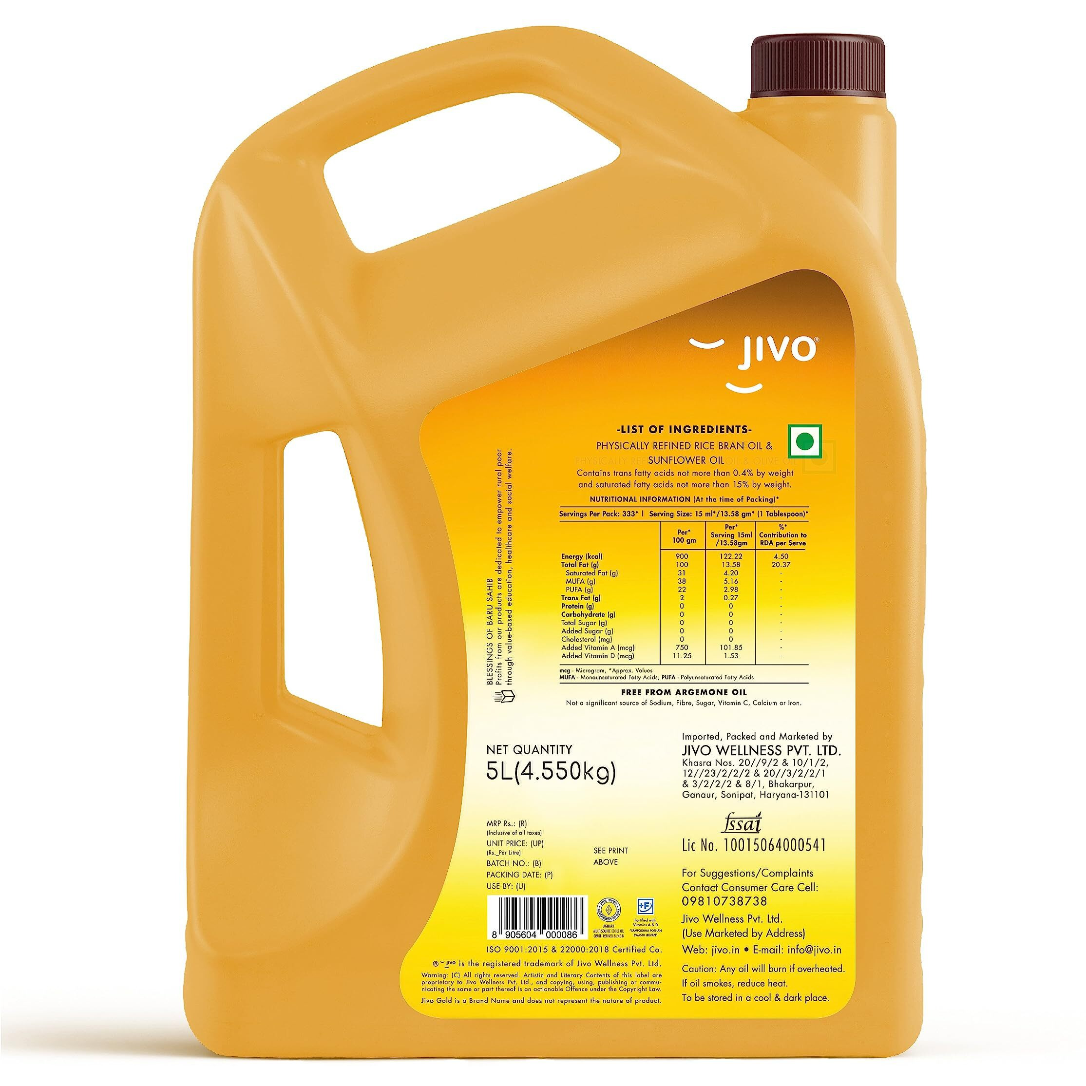 Jivo Gold Refined Oil|Blend of Rice Bran oil & Sunflower oil|Cooking oil|Pro Healthy Lifestyle Edible Oil 5 litre