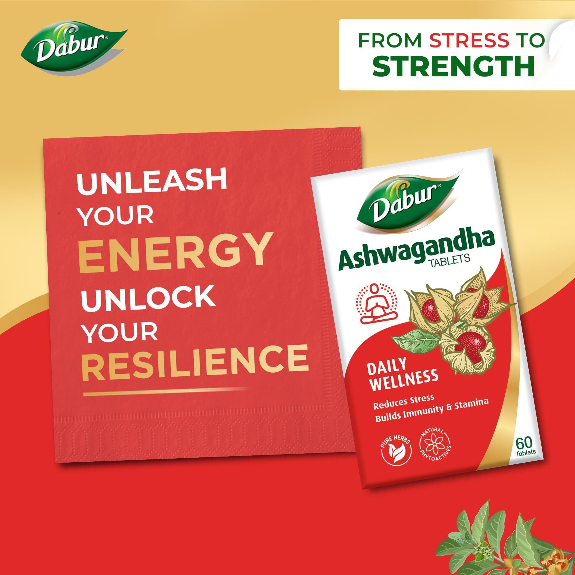 Dabur Ashwagandha Tablets - 60 tabs | General Wellness Tablets | Stress Relief | Rich in Antioxidants | Immunity Booster | Rich in Antioxidants | Rejuvenates Body